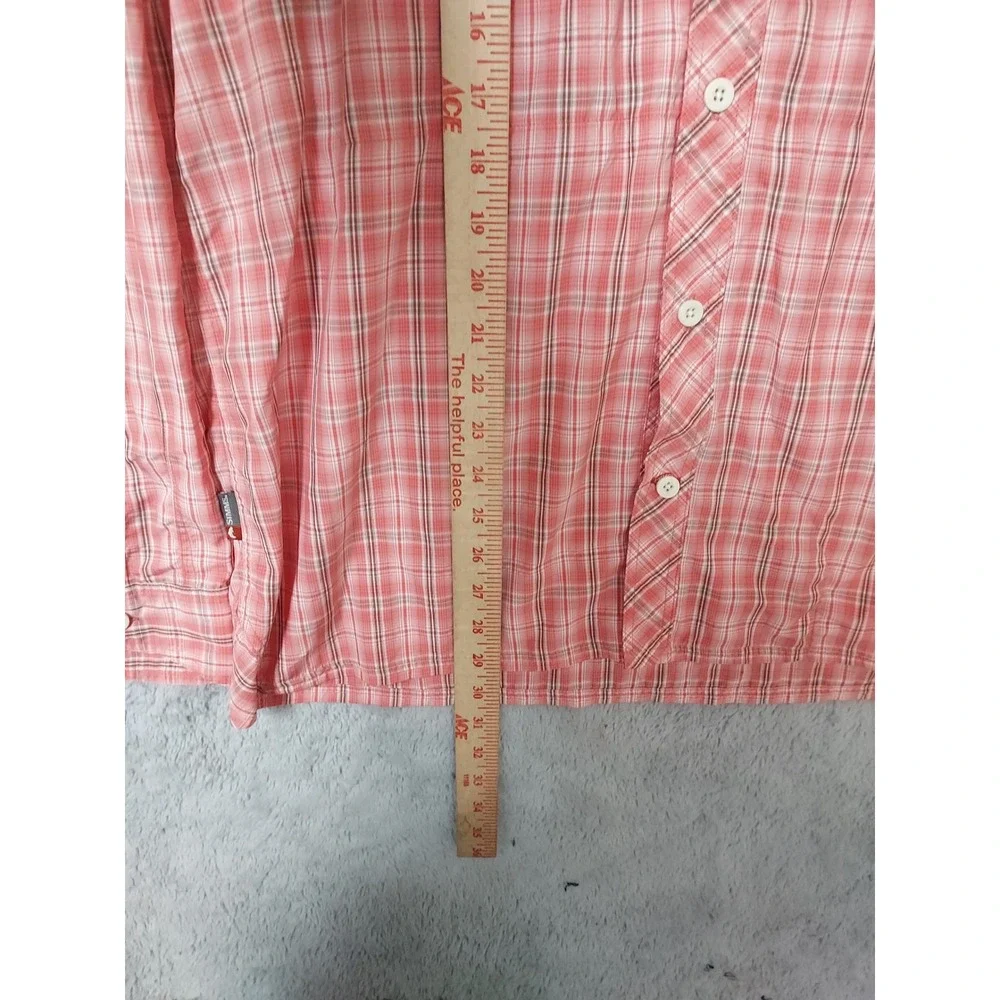 Simms Shirt Mens Large Fishing Plaid Long Sleeve Nylon Blend Pink Zip Pocket EUC